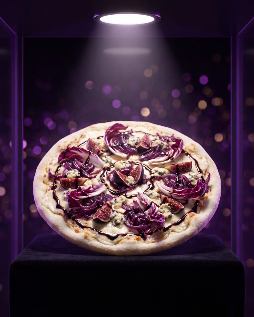 Amethist — DIAMANTI-pizza gepresenteerd als edelsteen in een juwelenvitrine, etalagelicht