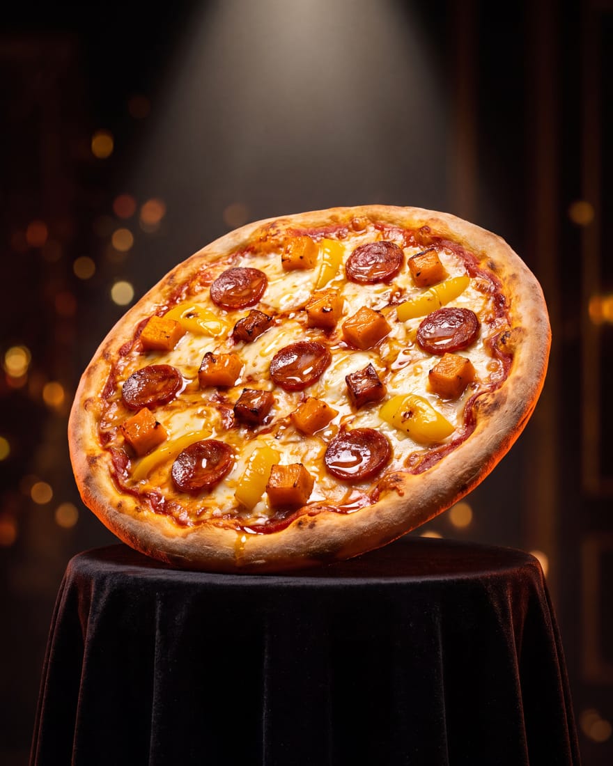 Amber — DIAMANTI-pizza gepresenteerd als edelsteen in een juwelenvitrine, etalagelicht