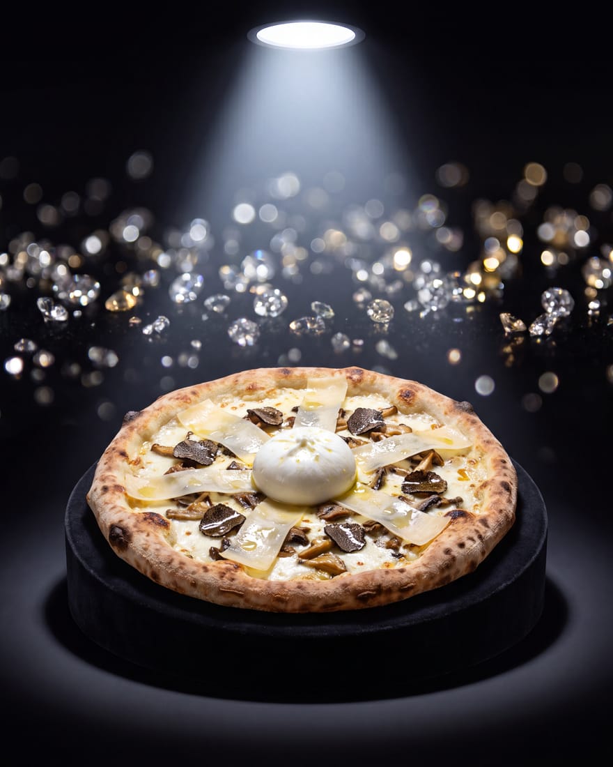 Diamant — DIAMANTI-pizza gepresenteerd als edelsteen in een juwelenvitrine, etalagelicht
