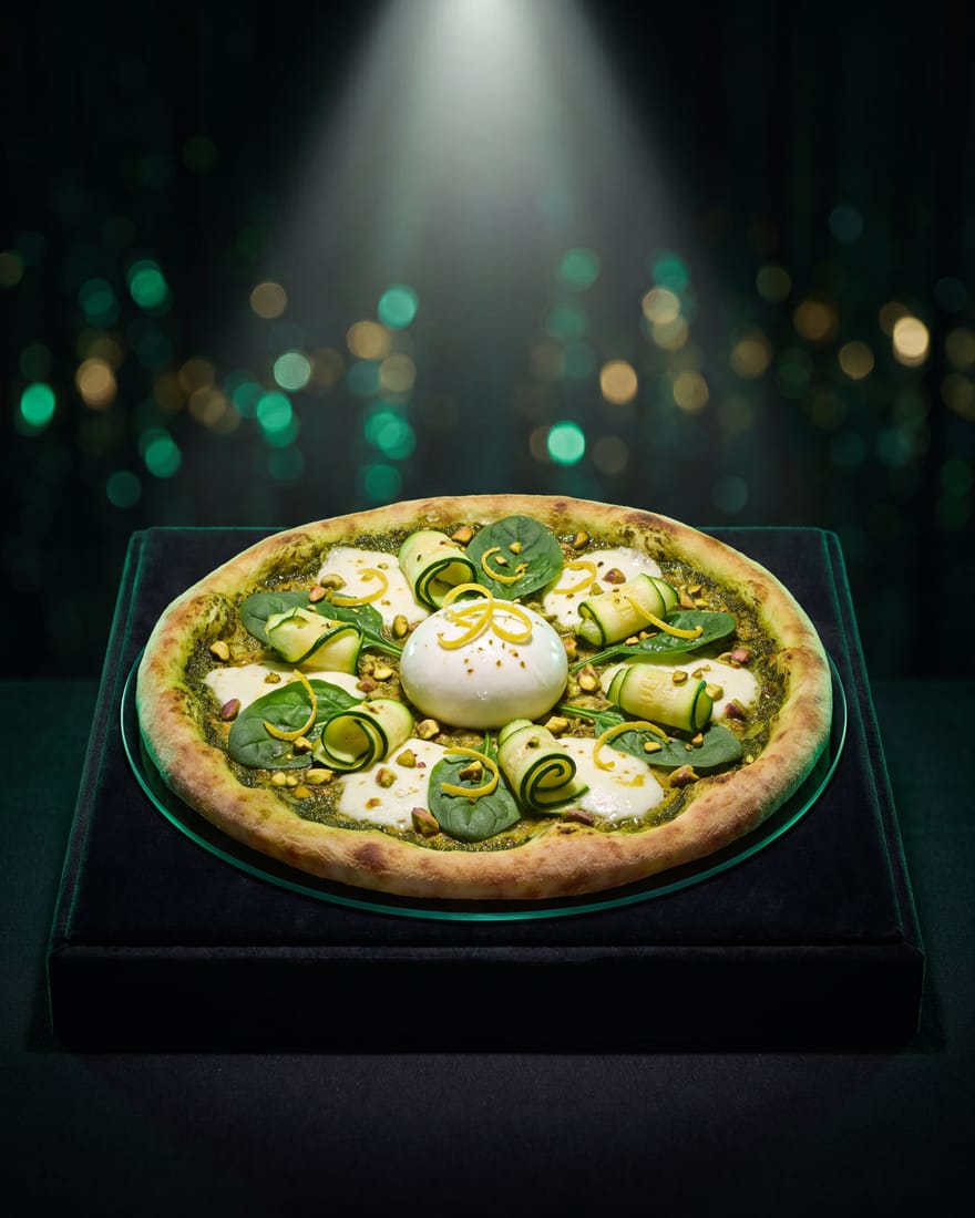 Smaragd — DIAMANTI-pizza gepresenteerd als edelsteen in een juwelenvitrine, etalagelicht