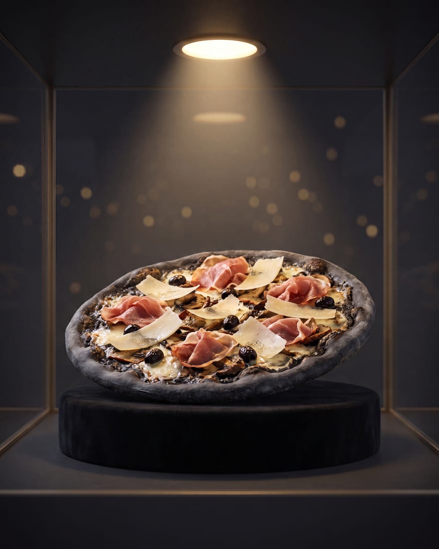Onyx — DIAMANTI-pizza gepresenteerd als edelsteen in een juwelenvitrine, etalagelicht