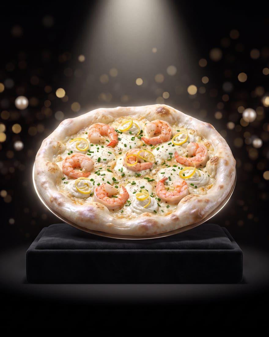 Parel — DIAMANTI-pizza gepresenteerd als edelsteen in een juwelenvitrine, etalagelicht