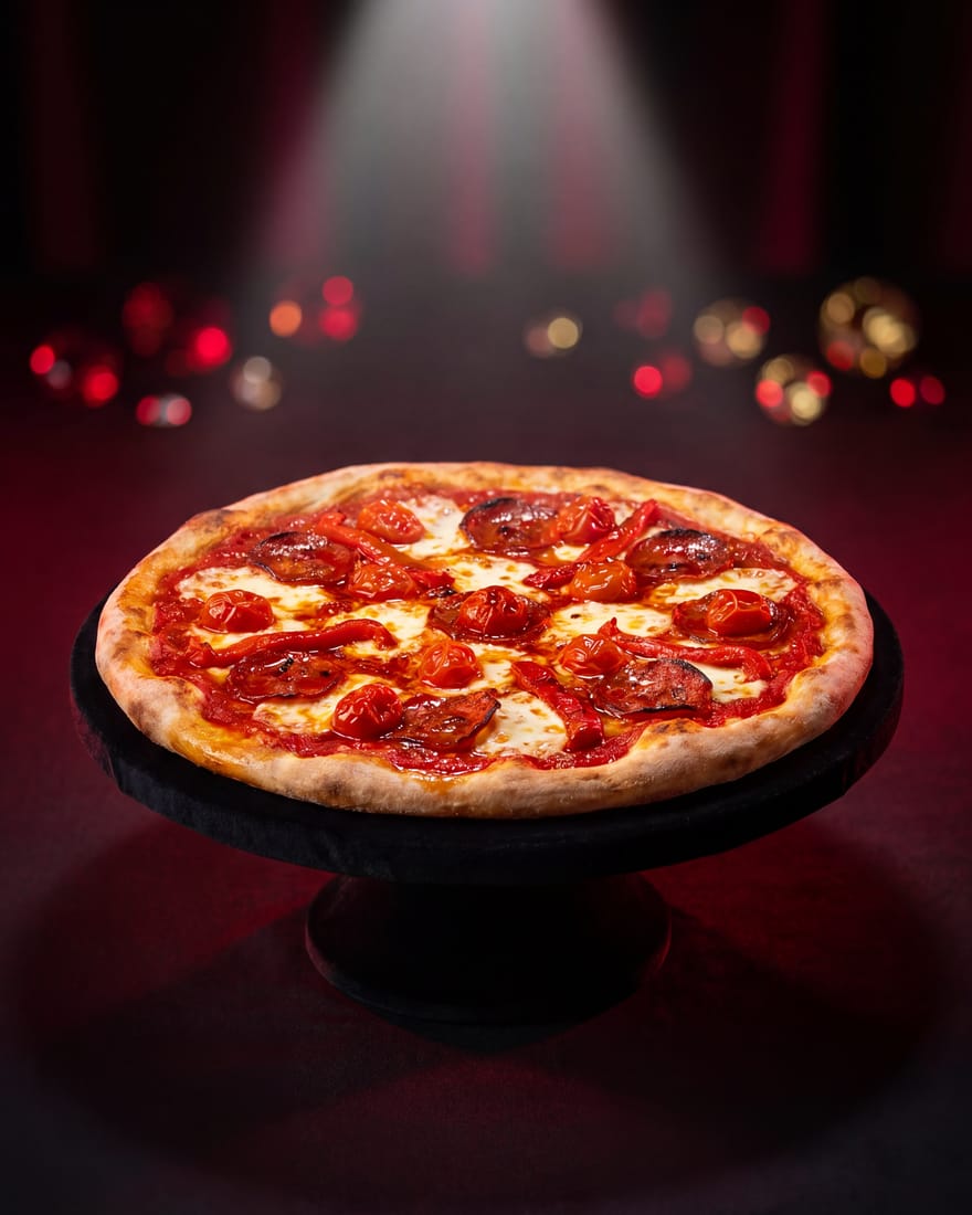 Robijn — DIAMANTI-pizza gepresenteerd als edelsteen in een juwelenvitrine, etalagelicht