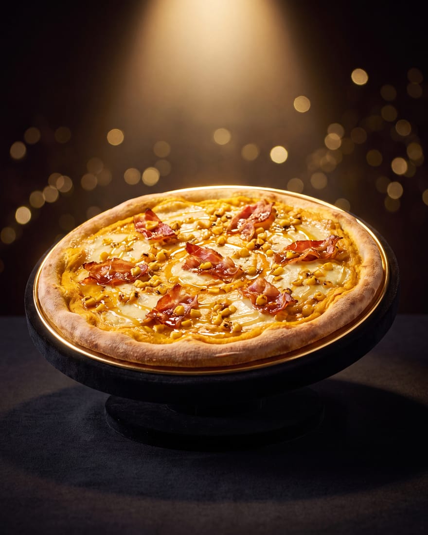 Topaas — DIAMANTI-pizza gepresenteerd als edelsteen in een juwelenvitrine, etalagelicht