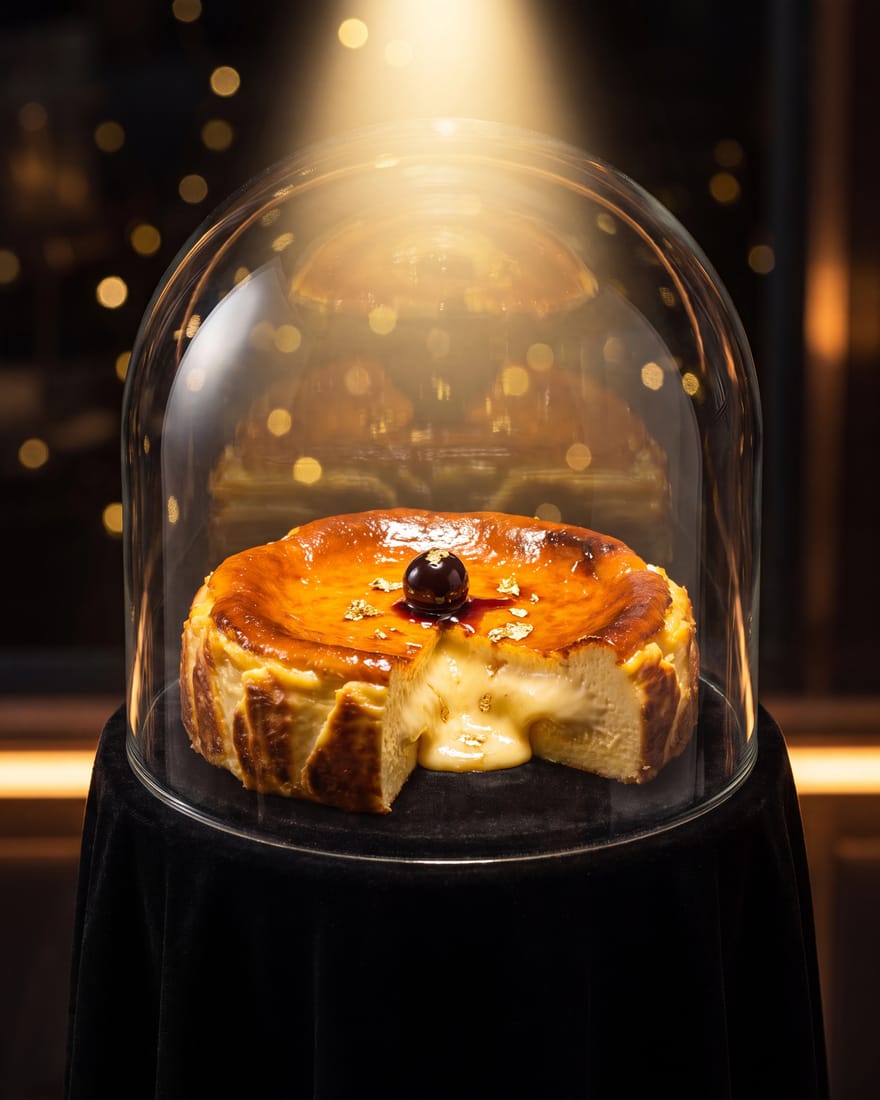 Cheesecake — DIAMANTI-dessert gepresenteerd als een juweel in een vitrine, etalagelicht