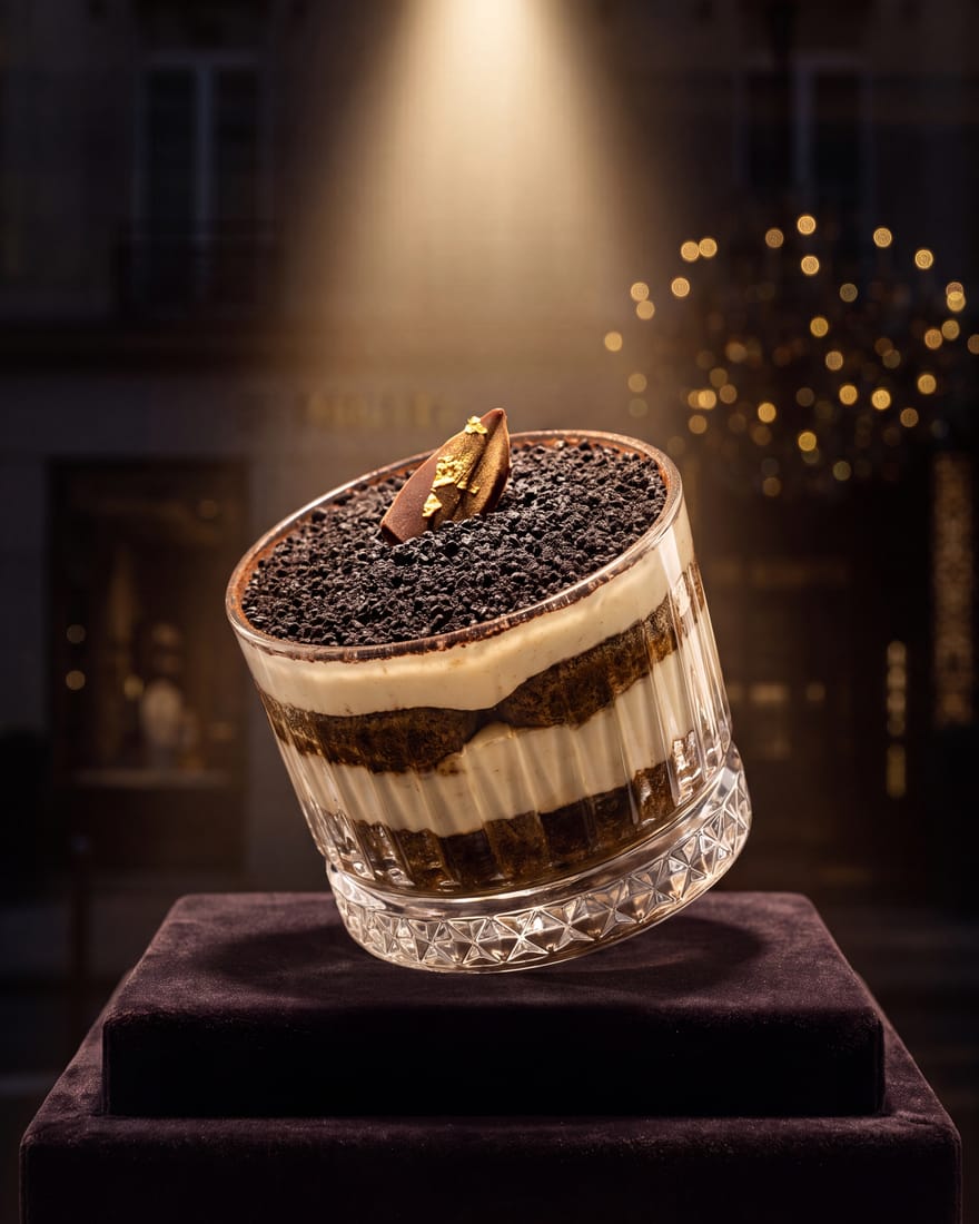 Tiramisú — DIAMANTI-dessert gepresenteerd als een juweel in een vitrine, etalagelicht