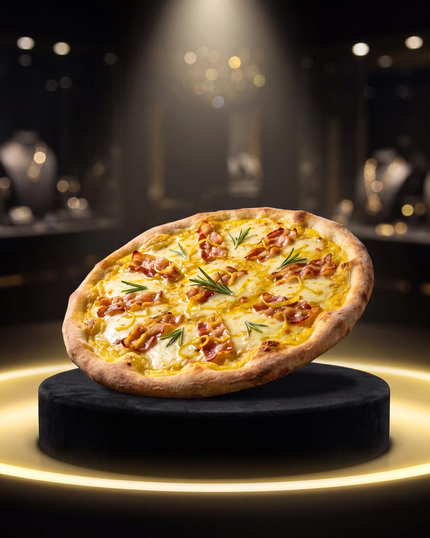 Citrien — DIAMANTI-pizza in beperkte oplage, gepresenteerd als zeldzame edelsteen in een juwelenvitrine