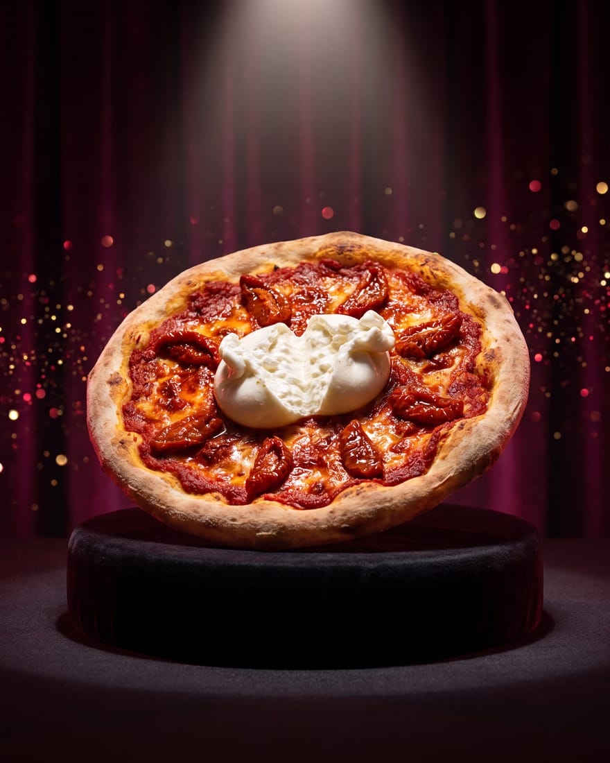 Granaat — DIAMANTI-pizza in beperkte oplage, gepresenteerd als zeldzame edelsteen in een juwelenvitrine