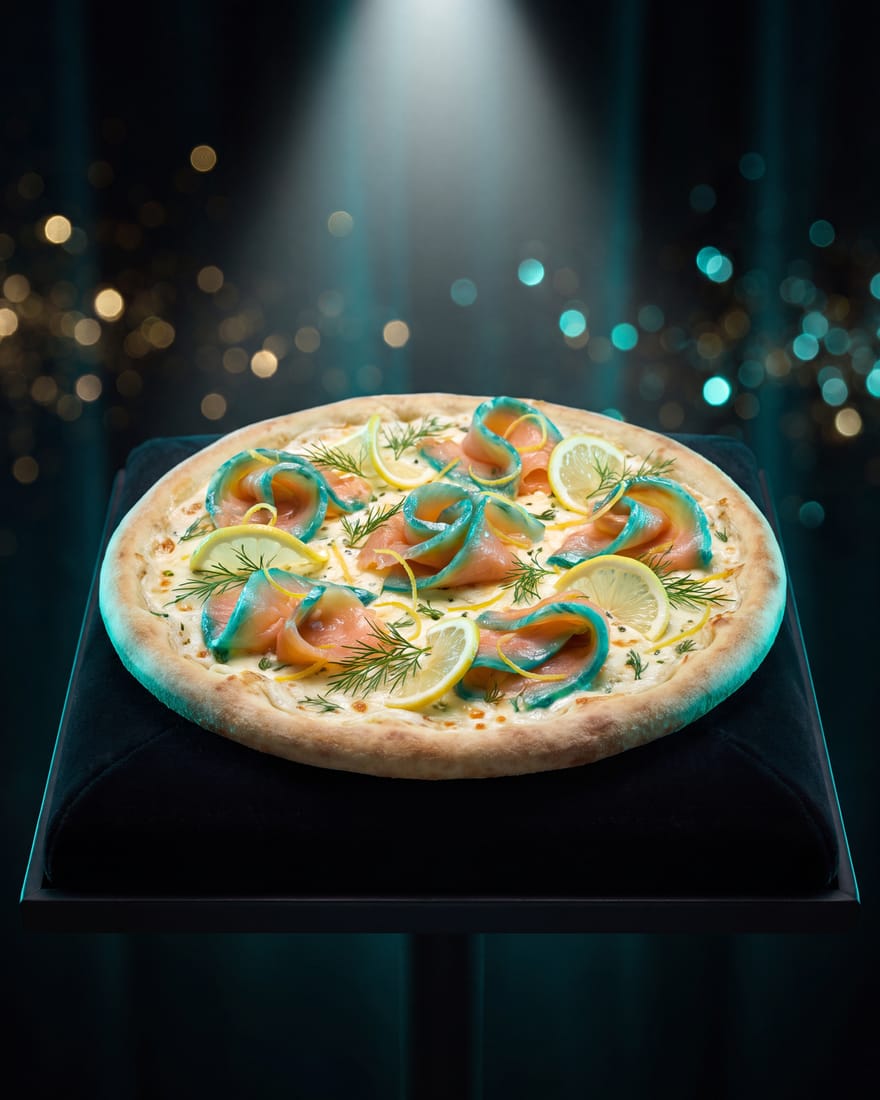 Turkoois — DIAMANTI-pizza in beperkte oplage, gepresenteerd als zeldzame edelsteen in een juwelenvitrine